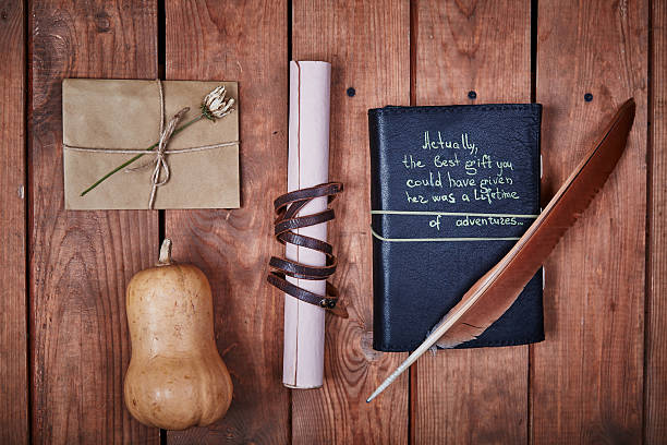 istock Blank notepad on a wooden surface. Vintage set of object 604007838