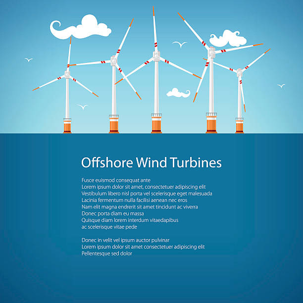 Wind Turbines at Sea, Poster Brochure Design Wind Turbines at Sea, Horizontal Axis Wind Turbines at Sea off the Coast , Offshore Wind Farm, Poster Brochure Flyer Design, Vector Illustration wind farm sea stock illustrations