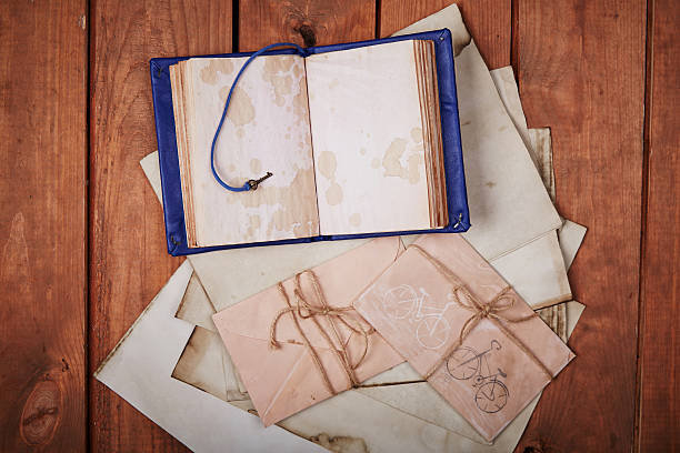 istock Blank notepad on a wooden surface. Vintage set of object 604010702