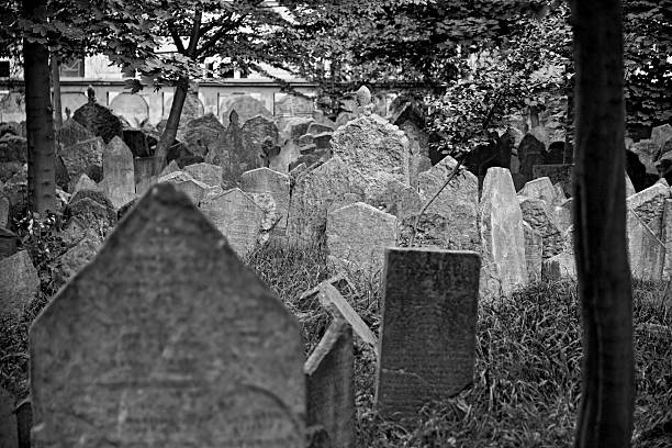 Chernivtsi, Ukraine - 12 may 2009 Abandoned Jewish cemetery with stone graves between trees. Photo consists of grave dug in Jewish cemetery for memory of Jews. Outdoors is Jewish cemetery with graves.