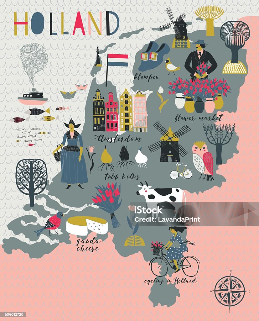 Cartoon Map of Holland with Legend Icons Cartoon Map of Holland with illustrations of landmarks and Legend Icons Netherlands stock vector