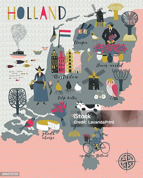 Cartoon Map Of Holland With Legend Icons Stock Illustration - Download Image Now - Netherlands, Tourist, Tourism