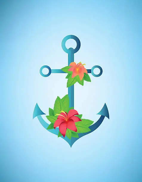 Vector illustration of Anchor, hibiscus flowers and palm leaves retro vector illustration