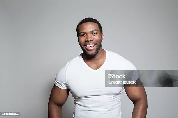 Portrait Of Happy Afro American Young Man Stock Photo - Download Image Now - African Ethnicity, Body Building, Adult