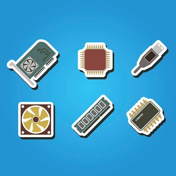 ilustrações de stock, clip art, desenhos animados e ícones de set of color icons with computer hardware and components - usb flash drive illustrations