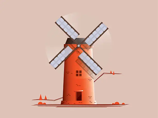 Vector illustration of Windmill with mountain background