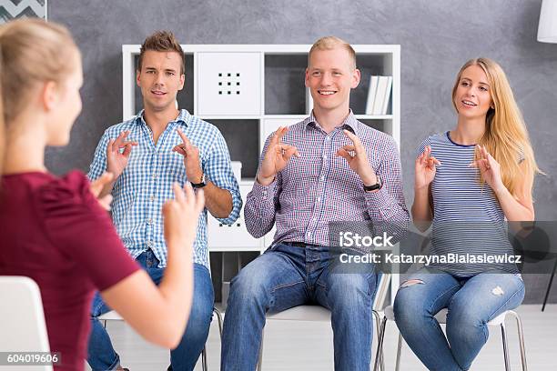 Beautiful Langauge Is A Sign Language Stock Photo - Download Image Now - Sign Language, Classroom, Sign