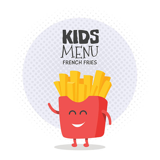 illustrazioni stock, clip art, cartoni animati e icone di tendenza di carattere di cartone del menu del ristorante per bambini. divertente carino disegnato patatine fritte, - retro revival backgrounds designer newspaper