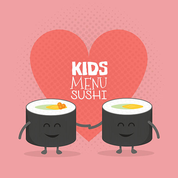Kids restaurant menu cardboard character. Funny cute sushi roll friends Kids restaurant menu cardboard character. Template for your projects, websites, invitations. Funny cute sushi roll friends love drawn with a smile, eyes and hands. chinese symbol for friend pictures stock illustrations