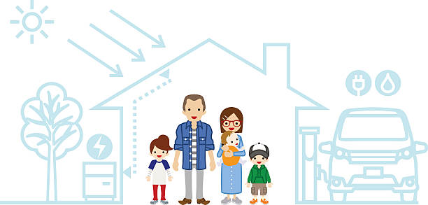 junge familie im futuristischen haus -drei kinder - energy fuel and power generation futuristic solar energy stock-grafiken, -clipart, -cartoons und -symbole