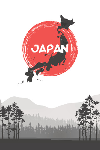 Mountain landscape. Illustration of Japan Flag Vector Background. Retro Style Sunburst Effect