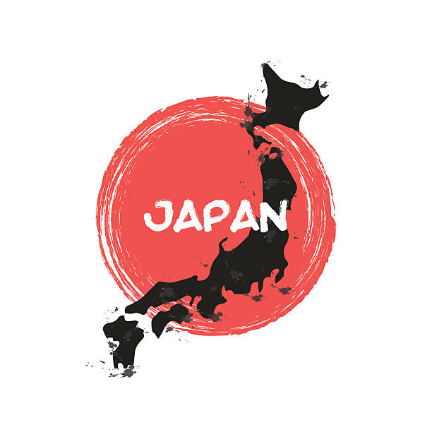 duży czerwony okrąg grunge z mapą na białym tle. zamknięte - japanese flag flag japan japanese culture stock illustrations