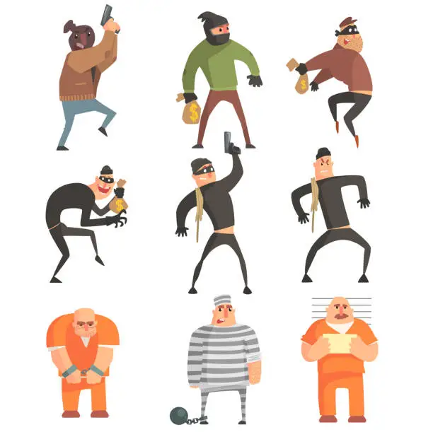 Vector illustration of Criminals And Convicts Funny Characters Set