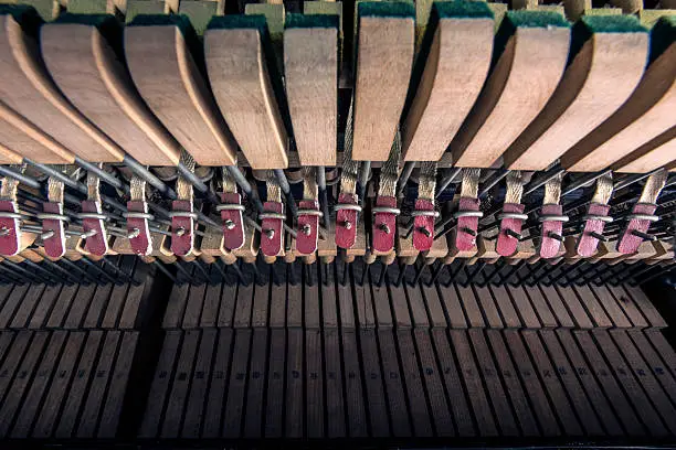 Photo of inside a piano, wooden parts, mechanisms closeup