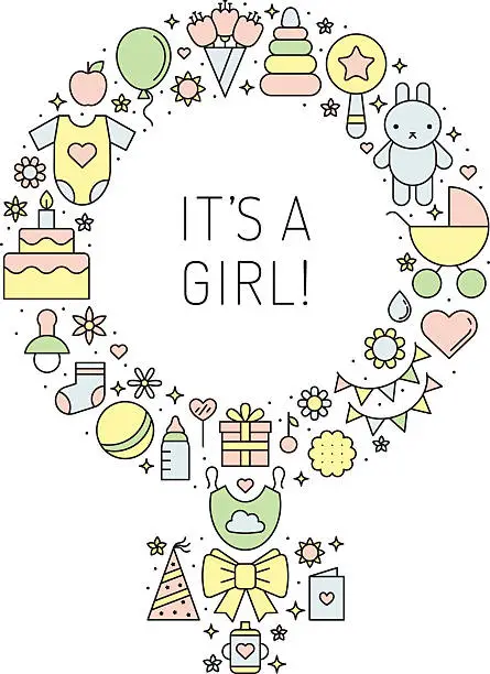 Vector illustration of It's a girl! cute outline vector background with Venus symbol.