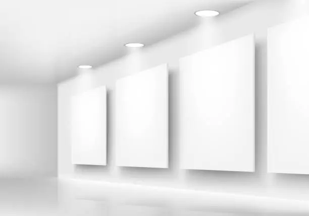 Vector illustration of Gallery of empty frames on wall with lighting