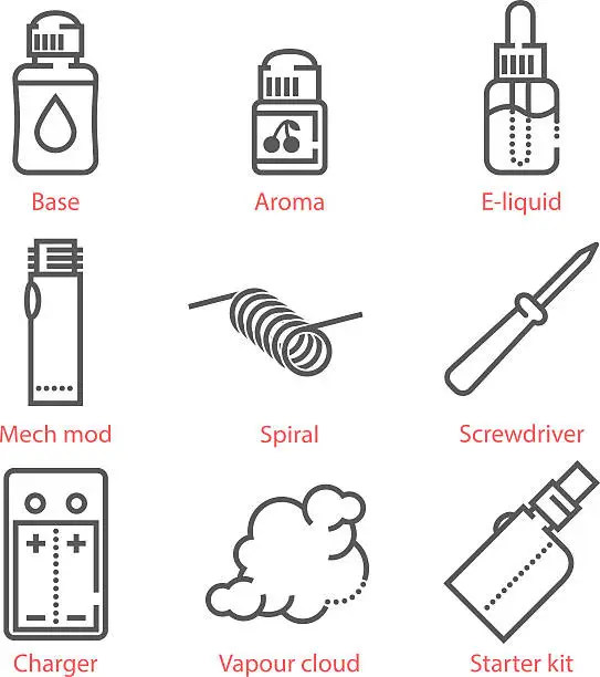 Vector illustration of Vector thin line icons set with vaping accessories and equipment
