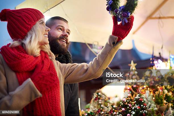 Looking Up At Christmas Wreaths Stock Photo - Download Image Now - Christmas Market, Market Stall, Christmas