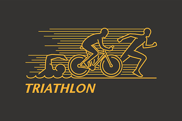 ilustraciones, imágenes clip art, dibujos animados e iconos de stock de triatlón con el logotipo de la línea de oro vectorial - triathlon