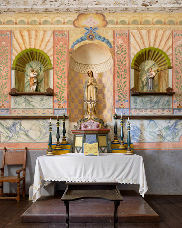 Lompoc, California, USA - July 30, 2016: Sanctuary and altar at the church at La Purisima Mission in Lompoc