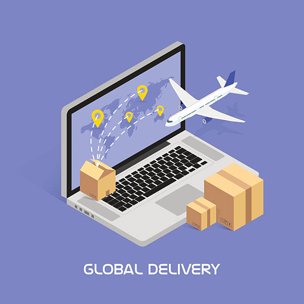 illustrations, cliparts, dessins animés et icônes de suivi isométrique concept en ligne. expédition et livraisons mondiales par voie aérienne - box package delivering mail