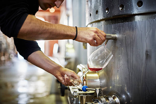 man filling wine from storage tank in winery - destilería fotografías e imágenes de stock