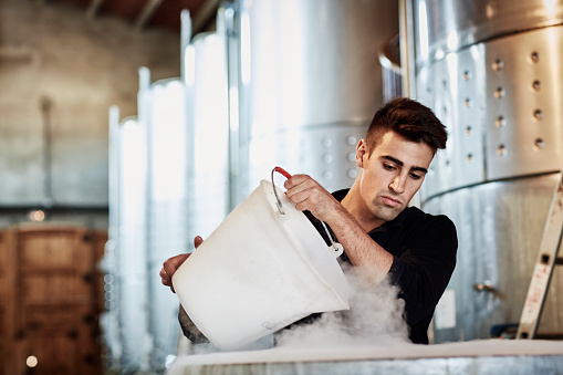 Young male worker adding dry ice in wine at winery