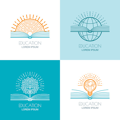 Set of vector education icons, emblems design elements. Open book, sun, globe, tree and light bulb linear symbol. Online training, courses, learning concept.