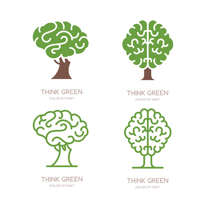 Set of vector icon, emblem design with brain tree. Think green, eco, save earth and environmental concept. Flat outline brain tree isolated illustration.