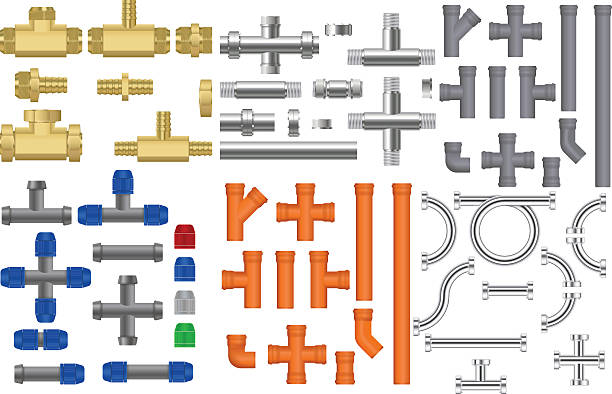 ilustrações de stock, clip art, desenhos animados e ícones de pipes set. metal, bronze, chrome pipes with fitting - flange screw isolated metal