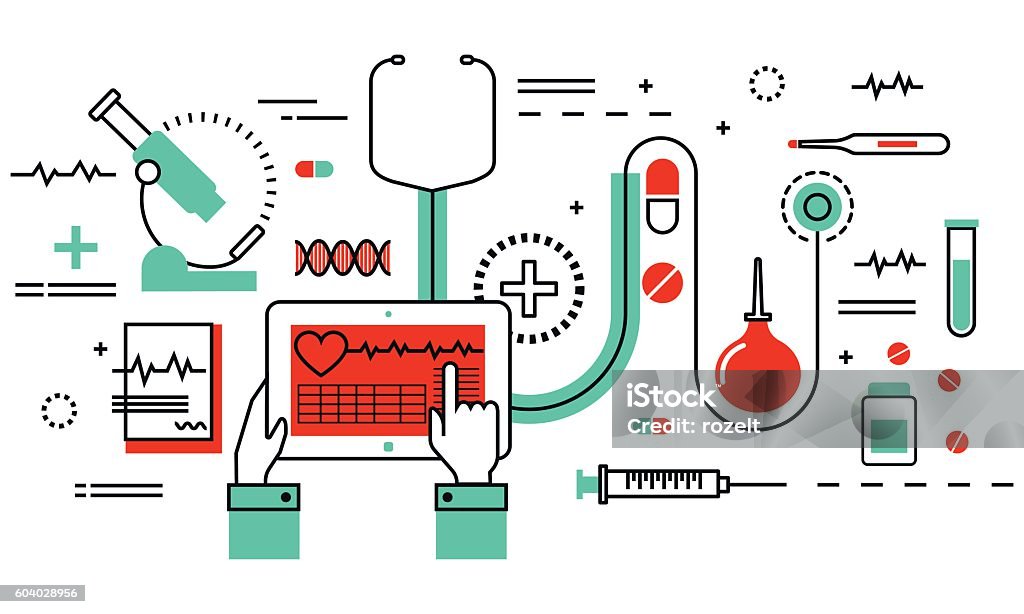 Concept of medicine and healthcare, health control Modern flat thin line design vector illustration, concept of medicine and healthcare, health control and medical equipment objects for graphic and web design Lifestyles stock vector