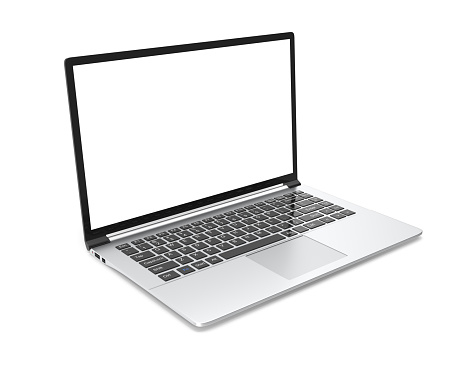 Modern metal office laptop or silver business notebook with blank screen isolated on white background. 3d illustration