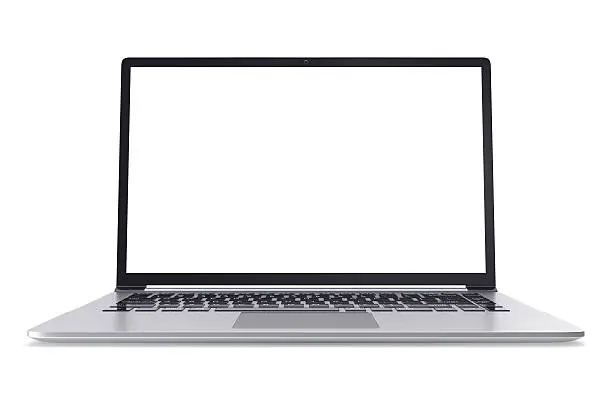 Photo of Modern metal office laptop or silver business notebook with blank