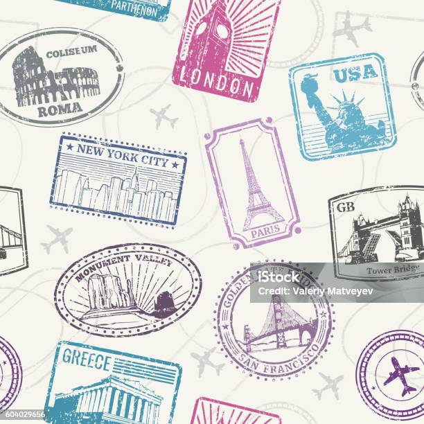 Famous World Monuments And Landmarks Pattern Stock Illustration - Download Image Now - Travel, Backgrounds, World Map