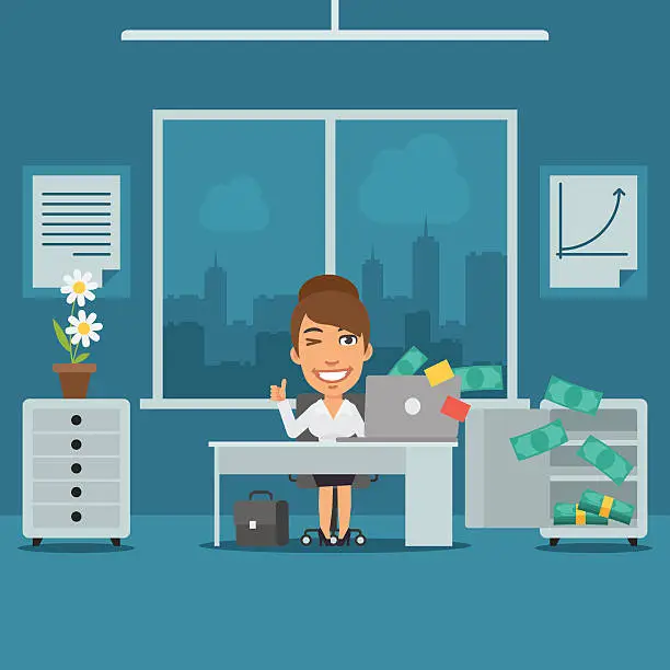 Vector illustration of Businesswoman Sitting in Office and Rejoices Monetary Gain