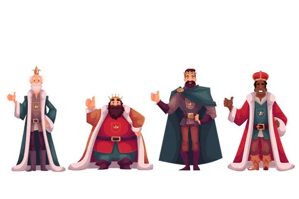 Vector illustration of Set of different kings in crowns and mantles