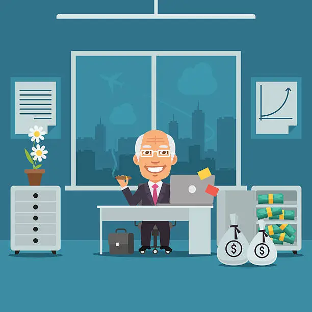 Vector illustration of Old Businesswoman Sitting in Office and Rejoices Monetary Gain