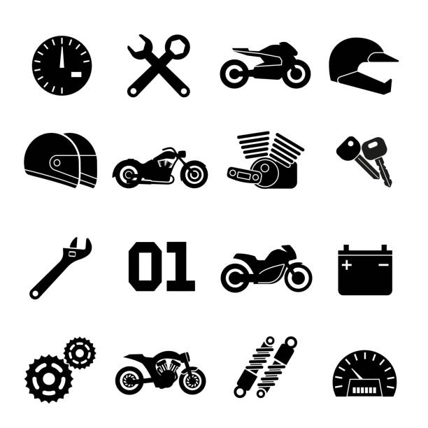 ilustraciones, imágenes clip art, dibujos animados e iconos de stock de iconos vectoriales de motos, carreras de motos y piezas de repuesto - motorcycle engine brake wheel