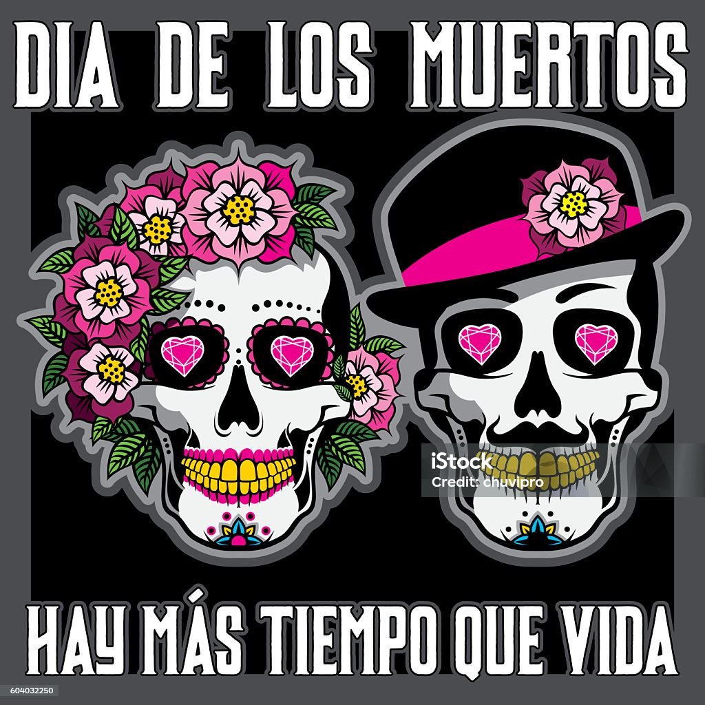 Dia de los Muertos or Day of the Dead Placard Dia de los Muertos or Day of the Dead Placard with female and male skulls. Day Of The Dead stock vector