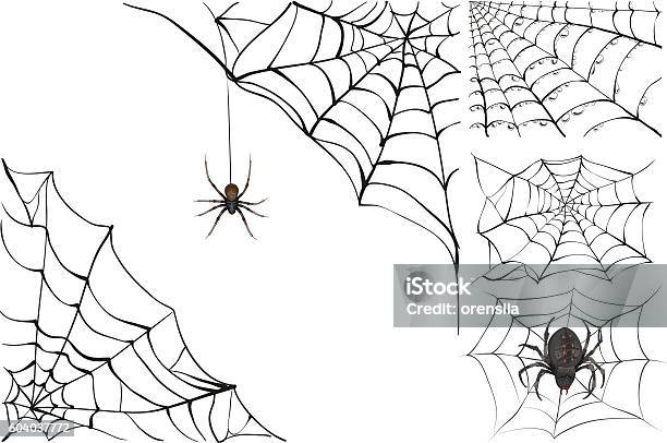 Web And Black Poisonous Spider Set Halloween Accessory Stock Illustration - Download Image Now