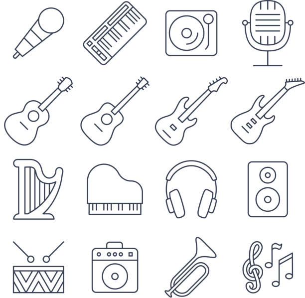 ilustraciones, imágenes clip art, dibujos animados e iconos de stock de conjunto de iconos vectoriales de línea de música - guitarra