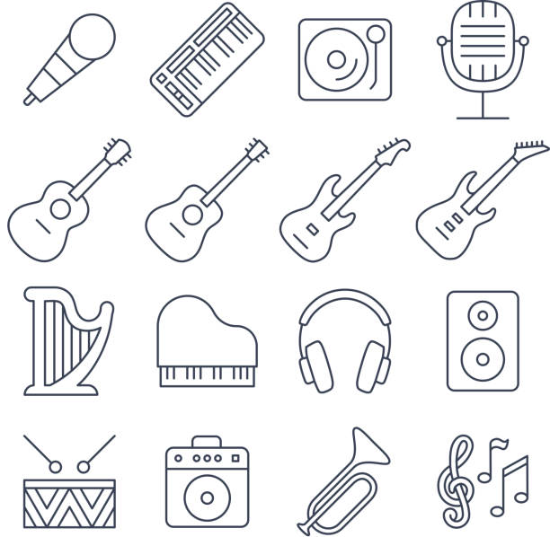 Music line vector icons set Music line vector icons set. Musical instrument, guitar, drum and piano linear signs illustration guitar icons stock illustrations