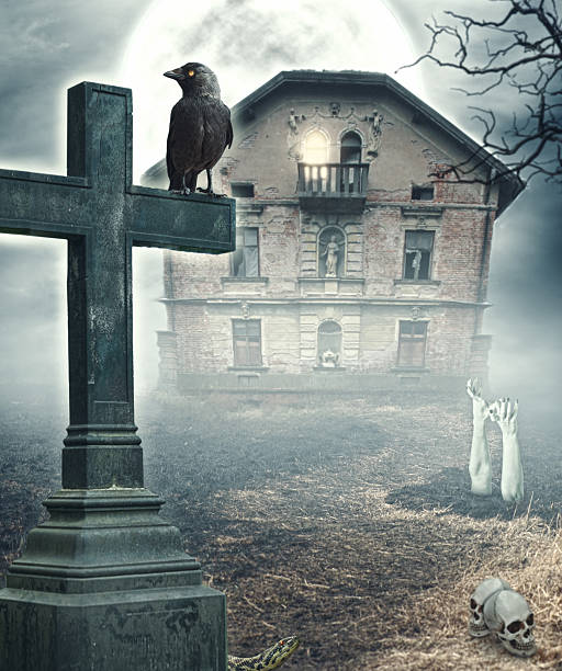 istock Halloween mystical spooky background with cross and haunted hous 604043810