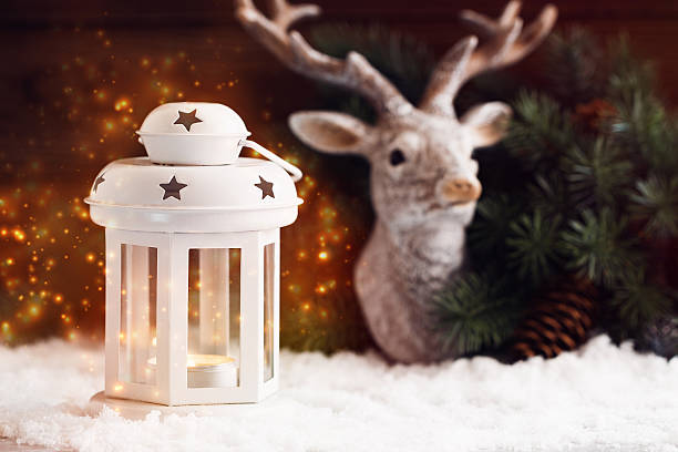 istock White Christmas lantern with shile lights 604055382
