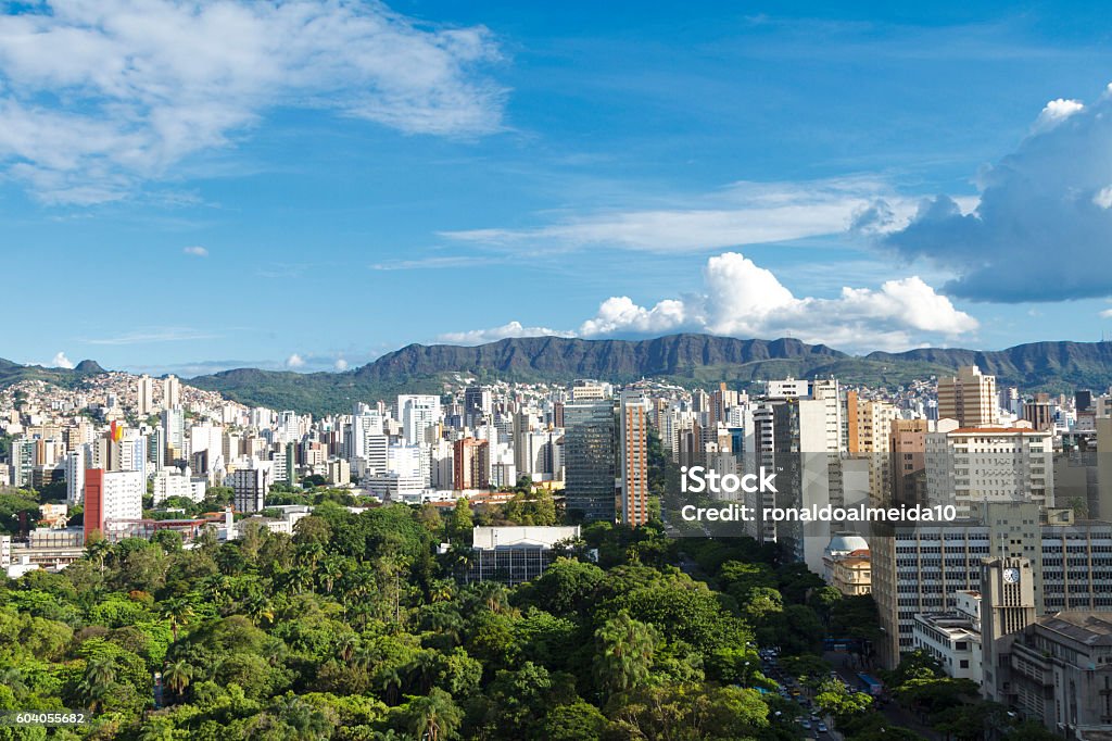Belo Horizonte, capital of Minas Gerais state, Brazil Air panoramic view of Belo Horizonte city, capital of Minas Gerais state, Brazil,with Afonso Pena Avenue, City Park and buildings of the city center in the foreground and the Serra do Curral in the background. Belo Horizonte Stock Photo