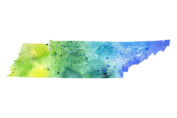 Map of Tennessee with Watercolor Texture - Raster Illustration A highly detailed map of the US state of Tennessee with a multicoloured, blue and green hand painted watercolor texture. Map is isolated on a white background. Raster illustration. tennessee map stock illustrations
