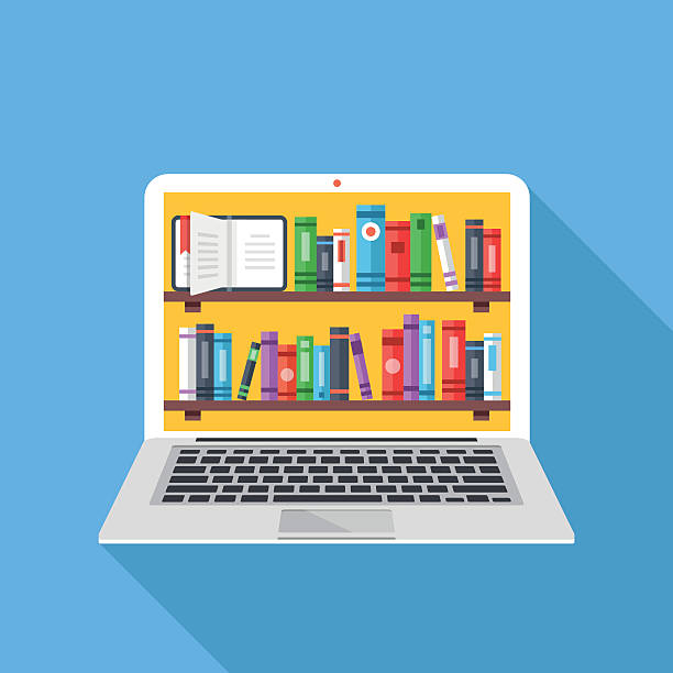 ilustrações de stock, clip art, desenhos animados e ícones de bookshelves with books on laptop screen. online digital library - library