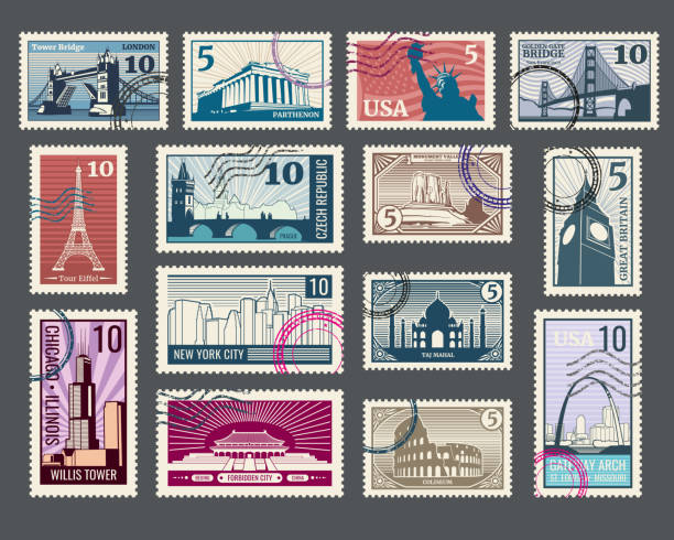illustrazioni stock, clip art, cartoni animati e icone di tendenza di viaggi, vacanze, francobolli con architettura e monumenti mondiali - stamps postage