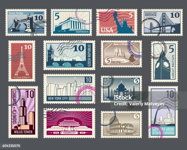 Travel Vacation Postage Stamp With Architecture And World Landmarks Stock Illustration - Download Image Now