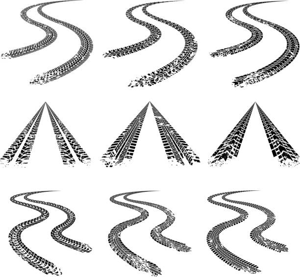 illustrations, cliparts, dessins animés et icônes de route de trace de pneus. collection vectorielle - tire track tire track pattern